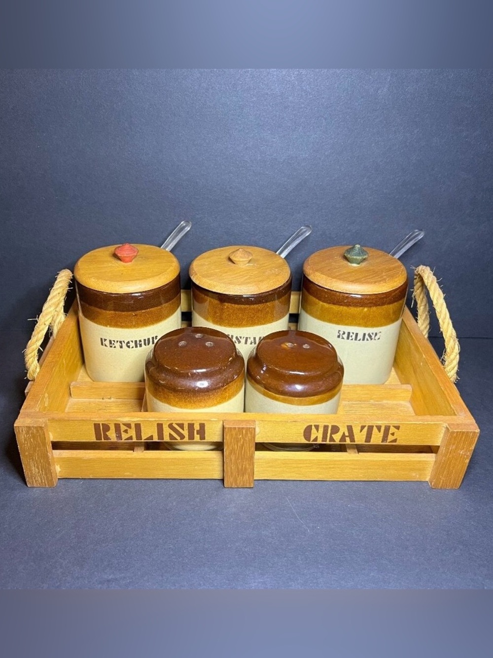 Vintage Enesco Wooden Relish Crate & Stoneware Salt Pepper & Condiment Jar Set